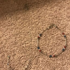 Crystal bead necklace & blue/red ankle bracelet